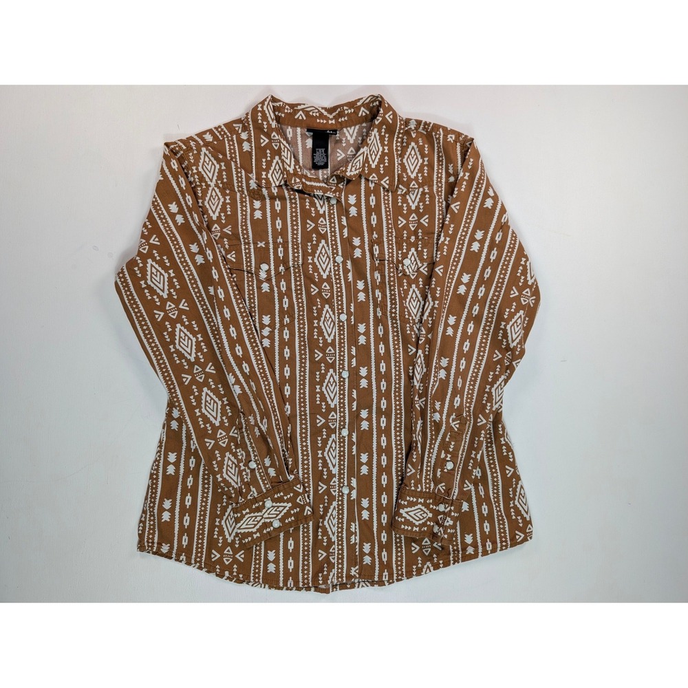 Wrangler Retro Womens Large Brown Southwestern Print Western Snap Shirt